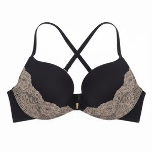 VS Demi Push-Up Bra 32C Black Front Clasp Racerback Padded Underwire Lace detail